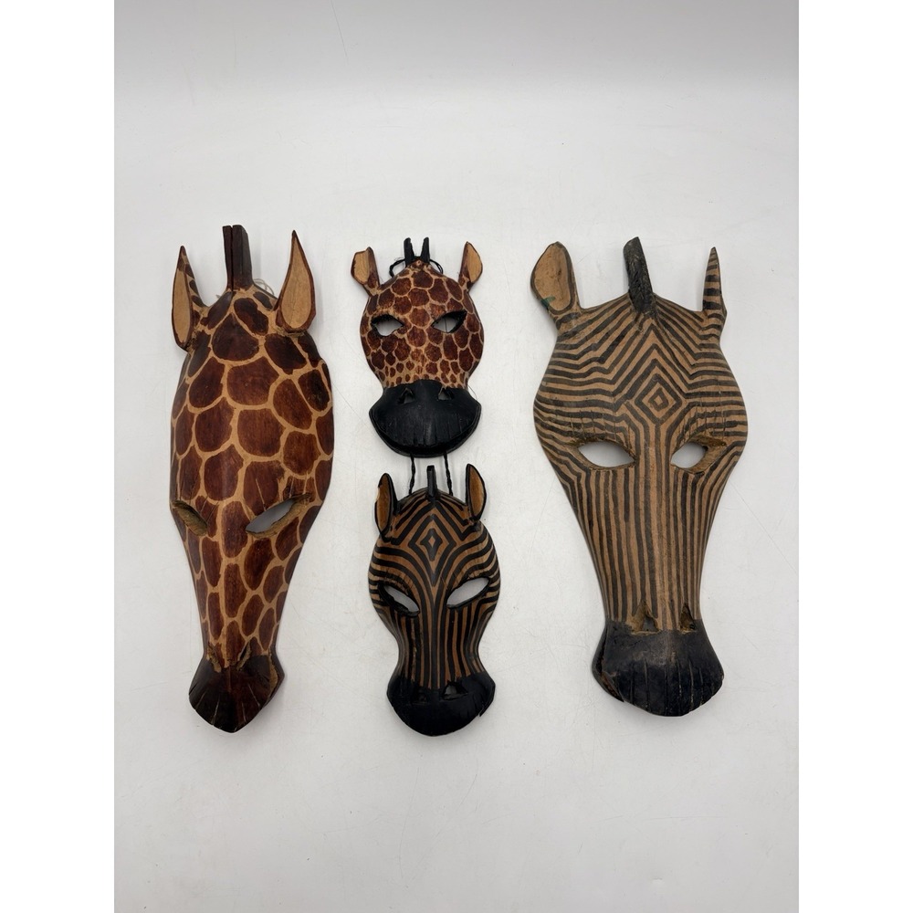 Vintage African Hand Carved Wood Animal Masks Kenya Zebra Giraffe Wall Art